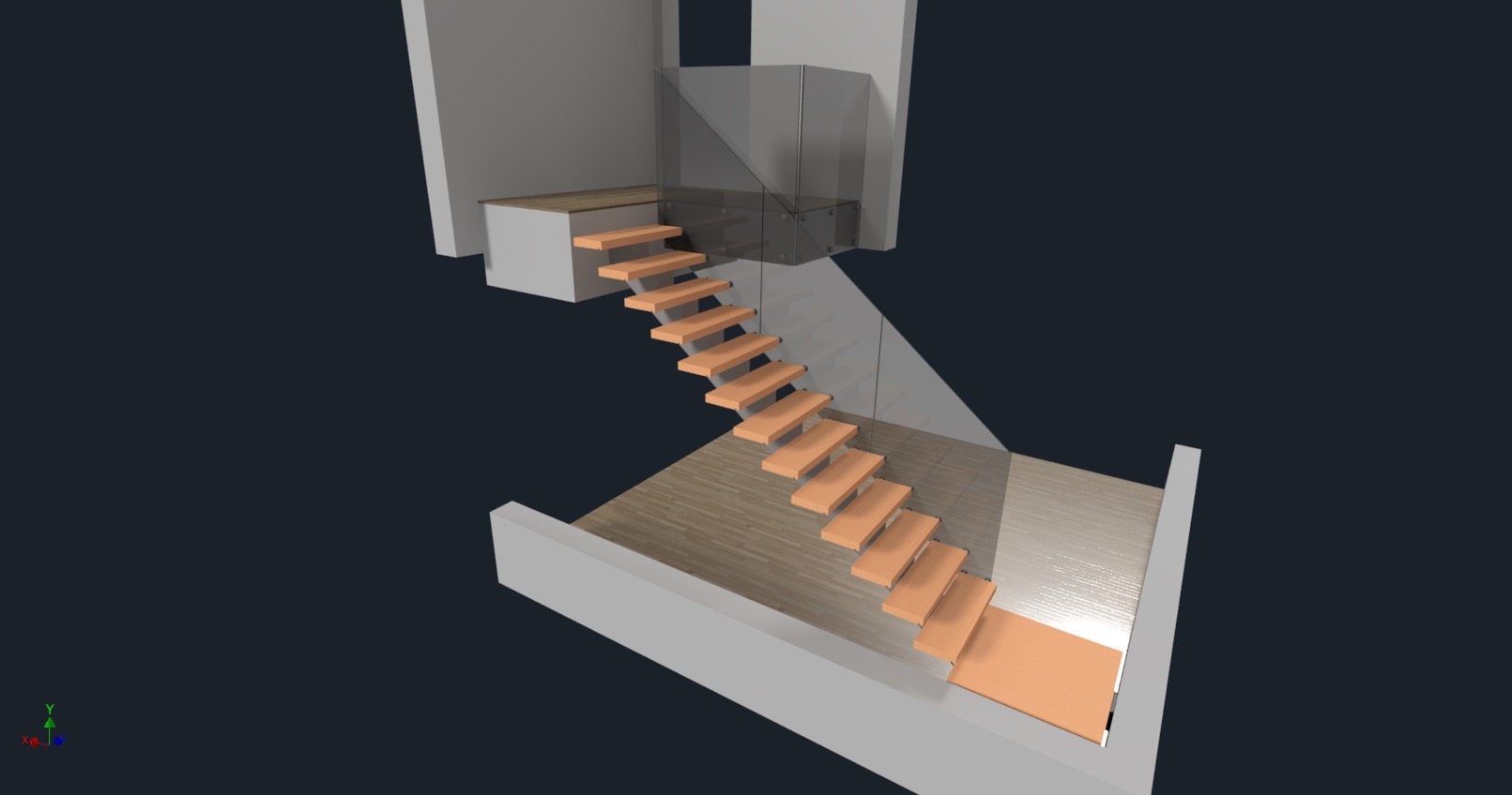 Wizualizacja schodów z drewnianymi stopniami i szklaną balustradą, widok z góry, minimalistyczny design, neutralna kolorystyka, nowoczesne wykończenie.