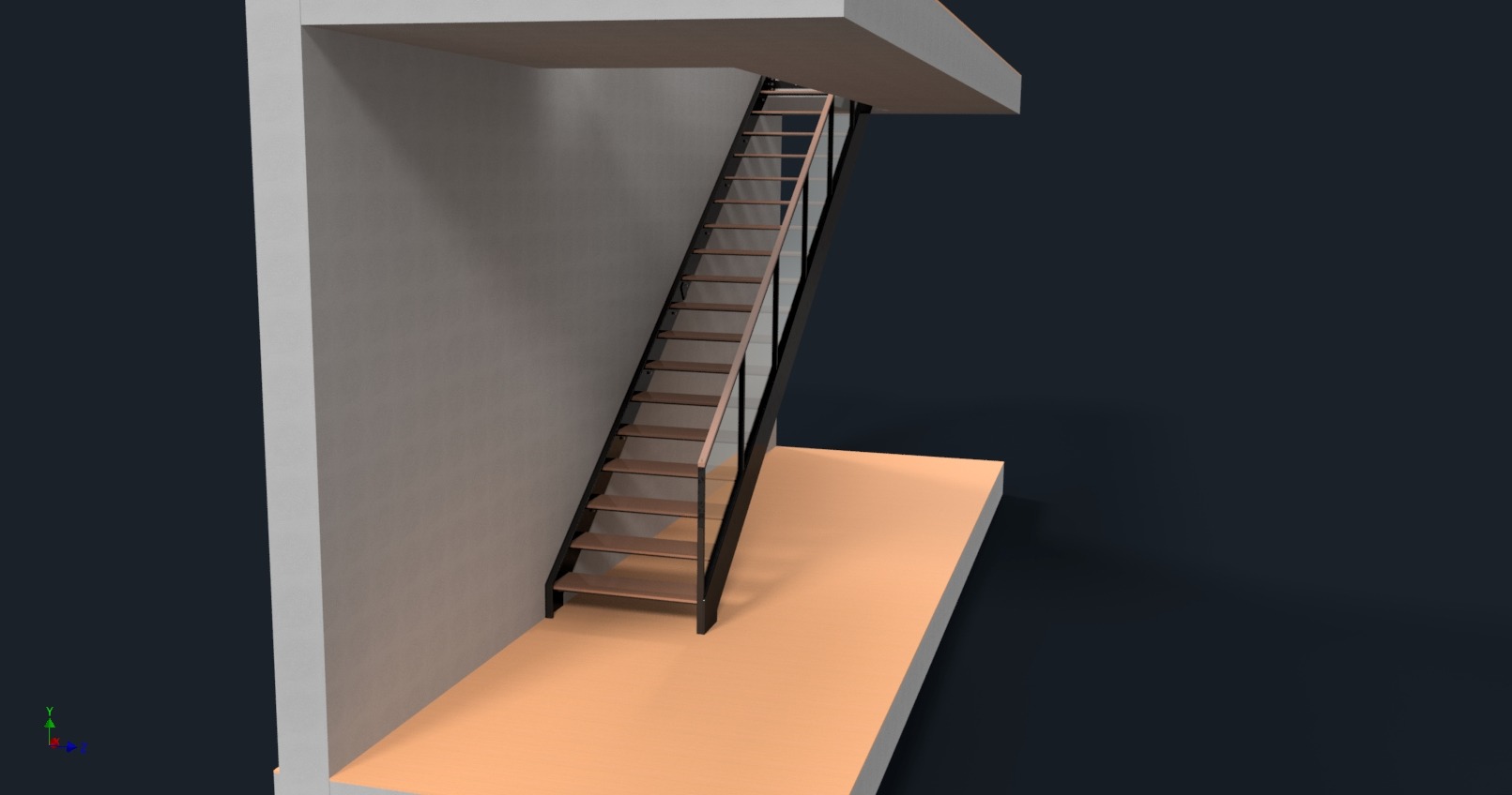 Wizualizacja schodów metalowych z drewnianymi stopniami i szklaną balustradą, umieszczonych w nowoczesnym wnętrzu z szarą ścianą i pomarańczową podłogą.