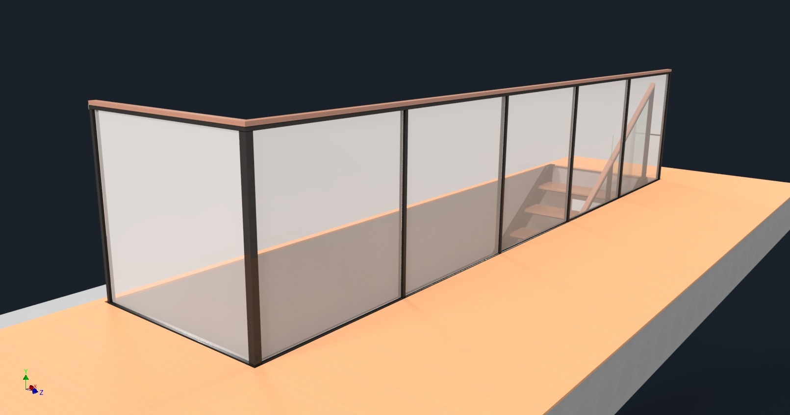 Szklana balustrada z drewnianymi elementami wykończeniowymi, zabezpieczająca schody. Minimalistyczny design, widok z boku, ciemne tło.