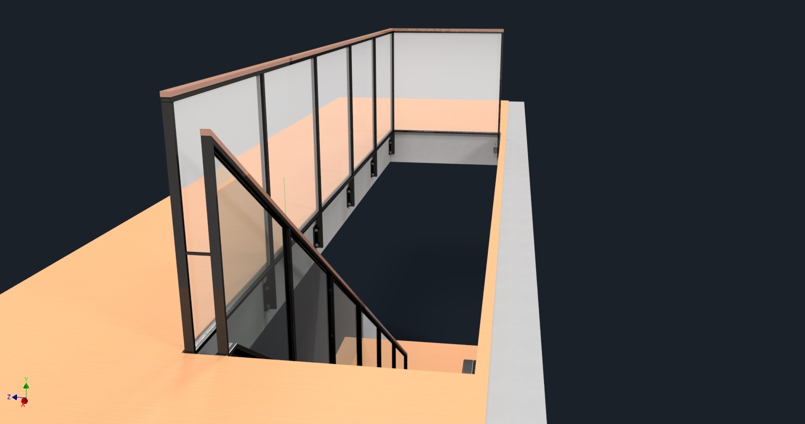 Wizualizacja schodów z przeszkloną balustradą i drewnianymi elementami wykończeniowymi. Nowoczesny design, minimalistyczny styl, ciemne tło.