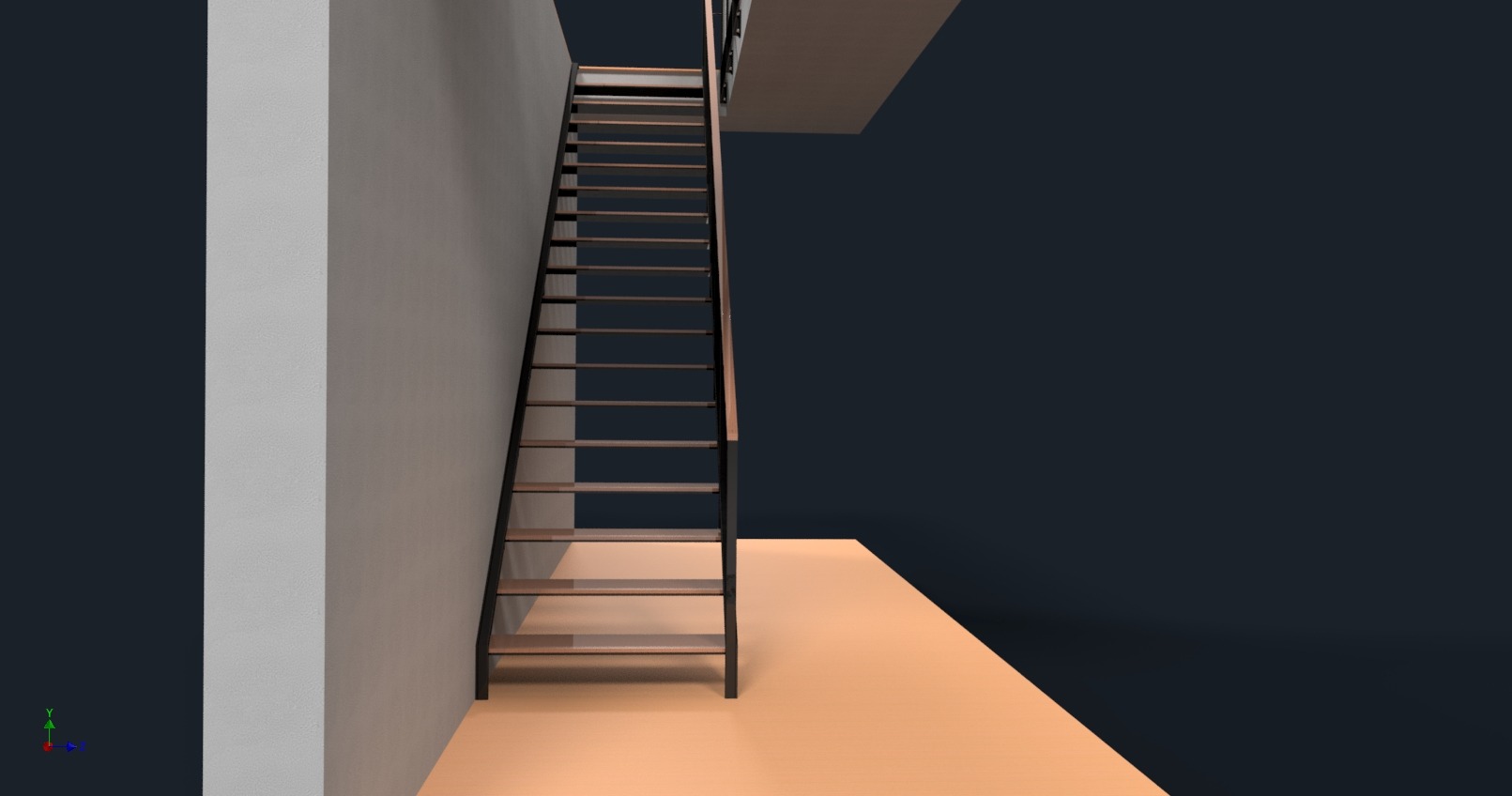 Wizualizacja schodów metalowych z drewnianymi stopniami, przylegających do ściany. Minimalistyczny design, ciemne tło, widok z dołu.