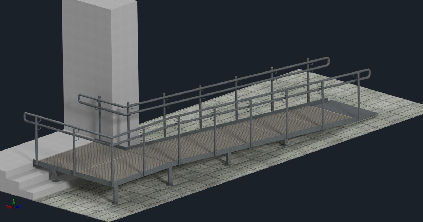 Wizualizacja 3D metalowej rampy z poręczami, ułatwiającej dostęp dla osób z niepełnosprawnościami, umieszczonej przy schodach. Szara kolorystyka, kratownica na podeście.