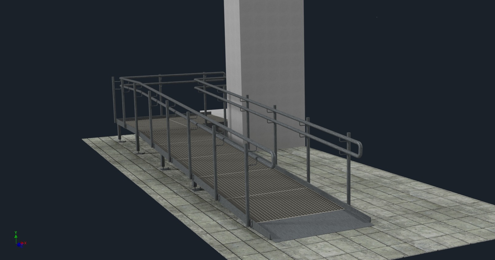 Wizualizacja metalowej rampy dla wózków inwalidzkich z poręczami, umieszczonej na płytkach. Szara kolorystyka, widok z perspektywy.