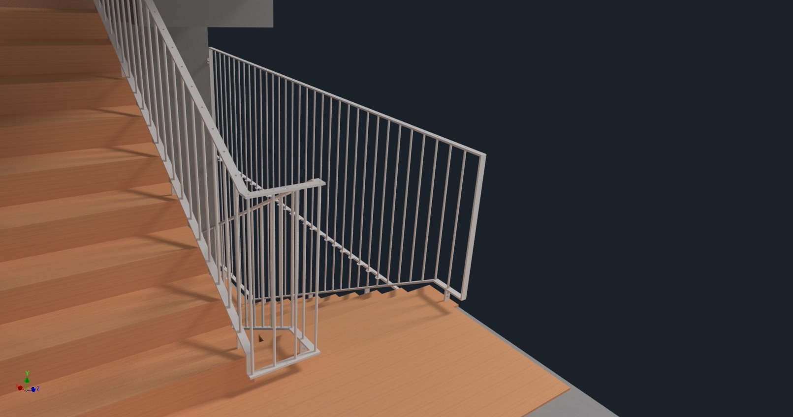 Wizualizacja schodów z białą, nowoczesną poręczą z pionowych prętów na tle ciemnej ściany. Widok z góry, ukazujący detale konstrukcji i materiałów.