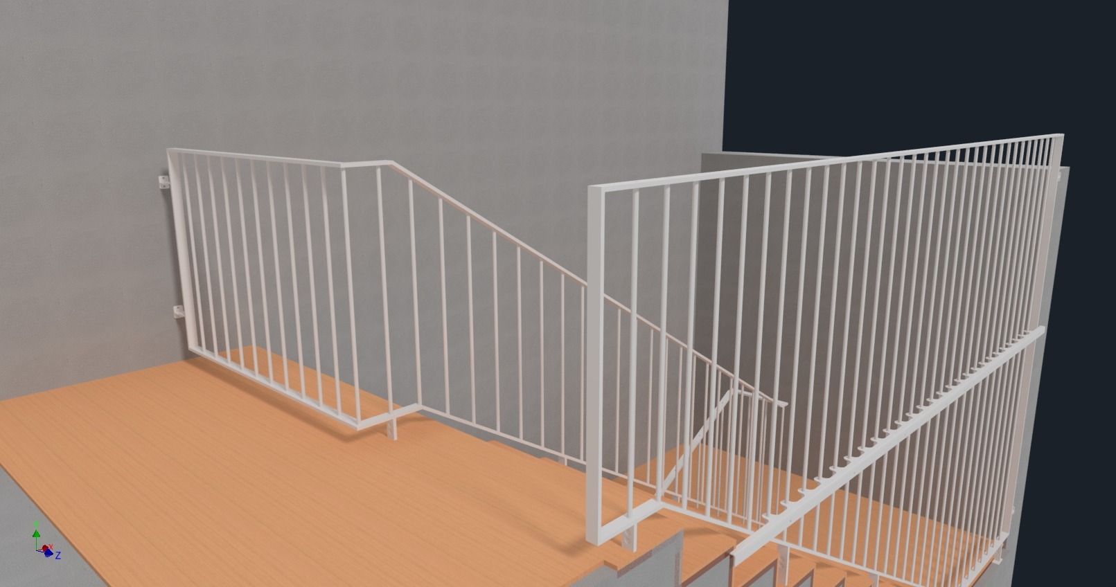 Wizualizacja schodów z białą, metalową balustradą. Proste, pionowe pręty tworzą nowoczesny design. Widoczne mocowania do ściany i podłogi. Ujęcie z perspektywy.