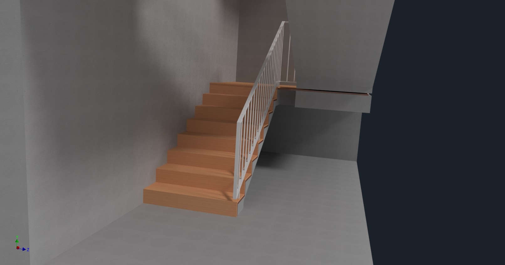 Wizualizacja schodów z drewnianymi stopniami i białą balustradą w nowoczesnym wnętrzu. Ujęcie z dołu, ukazujące detale konstrukcji i oświetlenie.