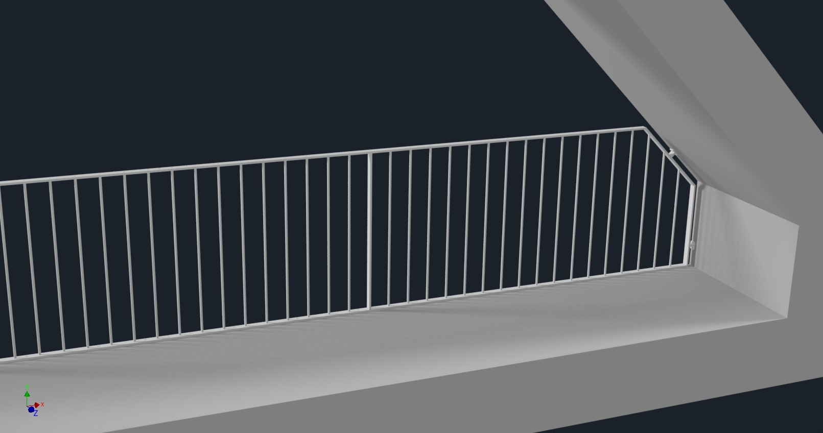 Wizualizacja 3D balkonu z białą, metalową barierką o regularnym układzie pionowych prętów, na tle ciemnego otoczenia. Ujęcie z dołu, podkreślające geometrię konstrukcji.