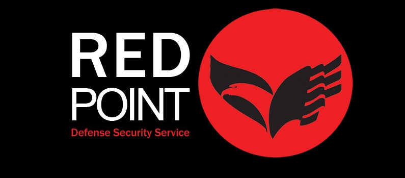 Logo firmy Red Point Defense Security Service z symbolem orła w czerwonym okręgu na czarnym tle. Nazwa firmy w białej czcionce, pod nią napis 'Defense Security Service'.