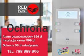 Panel sterowania alarmem z wyświetlaczem i przyciskami, obok logo firmy Red Point i informacją o ofercie: alarm bezprzewodowy, instalacja kamer i ochrona miesięczna.