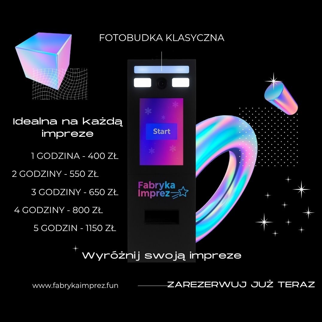 Grafika reklamowa fotobudki klasycznej z cennikiem godzinowym, logo firmy i hasłem 'Zarezerwuj już teraz'. Idealna na każdą imprezę, wyróżnij swoją imprezę.