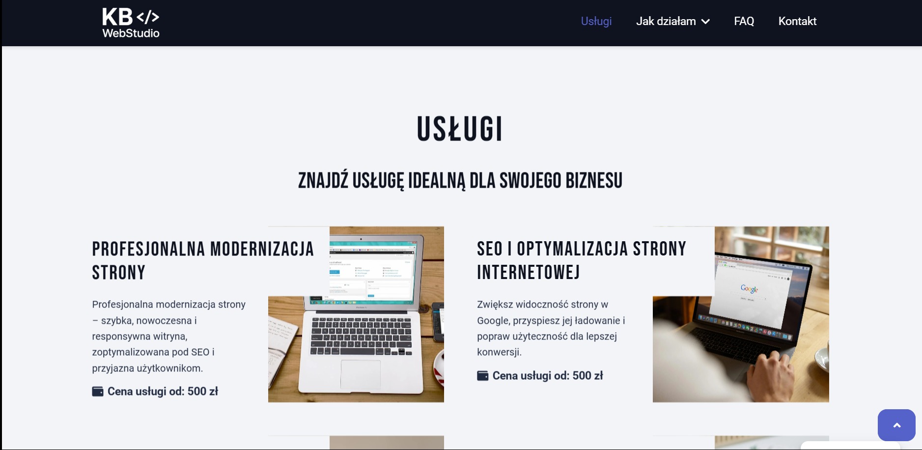 Strona internetowa firmy KB WebStudio prezentująca ofertę: modernizacja i SEO. Widoczne laptopy z otwartymi stronami, ceny usług od 500 zł.