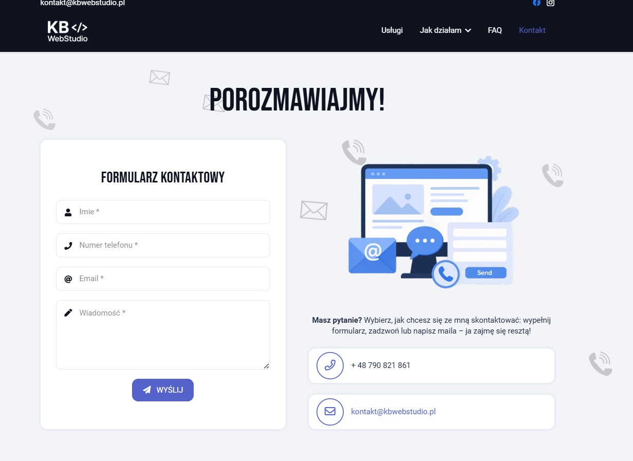 Strona kontaktowa z formularzem i ilustracją komunikacji online. Widoczne pola do wpisania danych i ikony telefonu, maila. Całość w jasnej, nowoczesnej stylistyce.