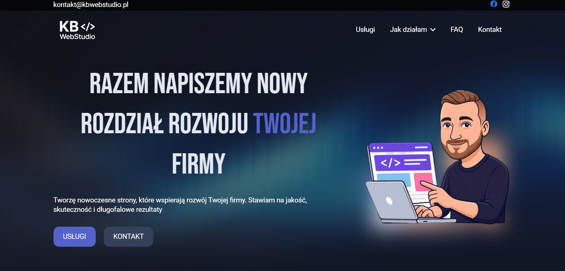 Strona internetowa KB WebStudio z hasłem 'Razem napiszemy nowy rozdział rozwoju Twojej firmy' i ilustracją programisty z laptopem. Nowoczesny design.