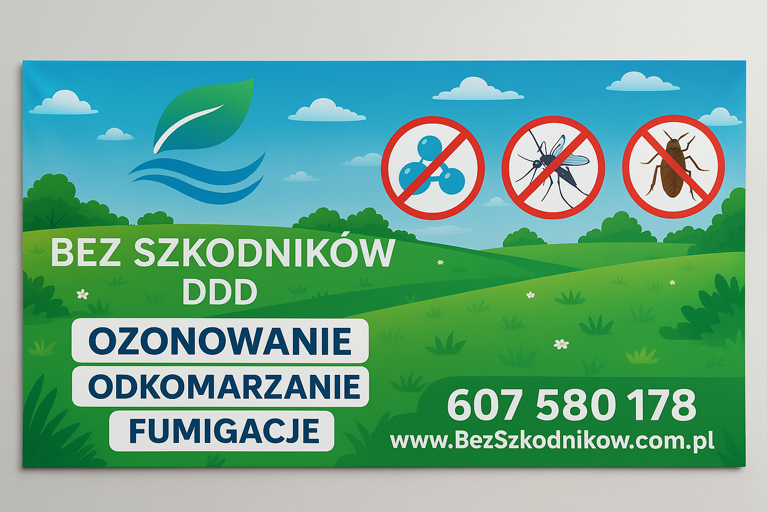 Grafika reklamowa: 'Bez szkodników DDD', ozonowanie, odkomarzanie, fumigacje. Kontakt: 607 580 178, www.BezSzkodnikow.com.pl. Przekreślone ikony szkodników.