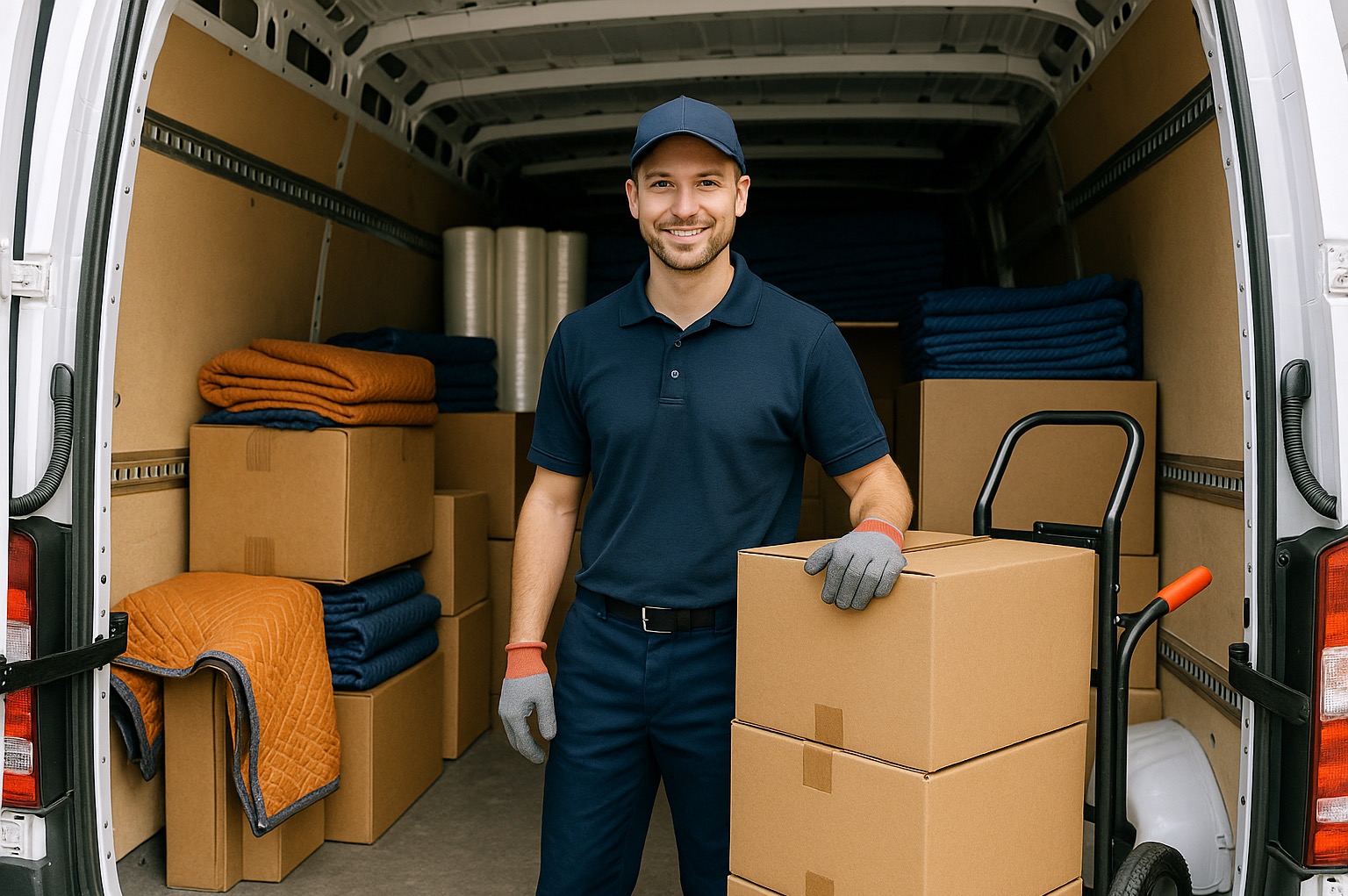 Uśmiechnięty pracownik w uniformie, wewnątrz furgonetki wypełnionej kartonami, w tle folia stretch i koce zabezpieczające, w gotowości do transportu.