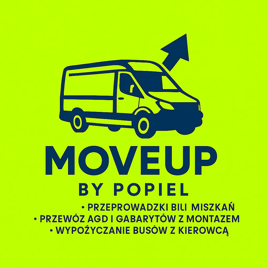 Grafika z logotypem firmy MOVEUP BY POPIEL, oferującej przeprowadzki, przewóz AGD z montażem i wynajem busów z kierowcą. Na jasnozielonym tle granatowy bus i strzałka.
