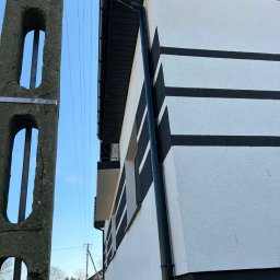 Cichy Kąt USŁUGI REMONTOWO - BUDOWLANE Maciej Dobiesz - Biało-czarna elewacja domu z poziomymi pasami, widok z dołu, obok betonowy słup energetyczny. Nowoczesny design, świeżo pomalowana fasada.