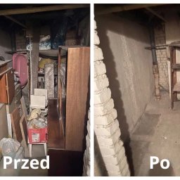 GROW WORLD POLAND - Opróżniona piwnica: zdjęcie 'przed' z zagraconym pomieszczeniem i 'po' z czystą, odnowioną przestrzenią. Widoczne cegły i rury.