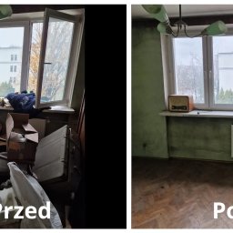 GROW WORLD POLAND - Zdjęcie 'przed i po' przedstawia pokój: zagracony przed opróżnieniem i uporządkowany po usunięciu zbędnych przedmiotów. Widoczne okno i grzejnik.