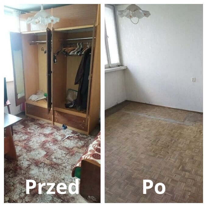 Zdjęcie 'przed i po' przedstawia pokój: po lewej stronie zagracony z otwartą szafą, po prawej wysprzątany, z pustą podłogą. Widoczne różnice w czystości i porządku.