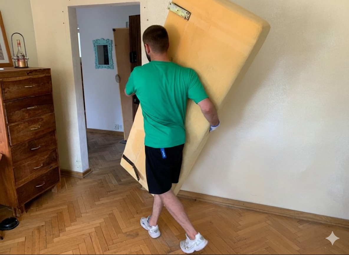 Mężczyzna w zielonej koszulce wynosi żółty materac z mieszkania z parkietem w jodełkę i komodą w tle. Opróżnianie mieszkania z mebli.