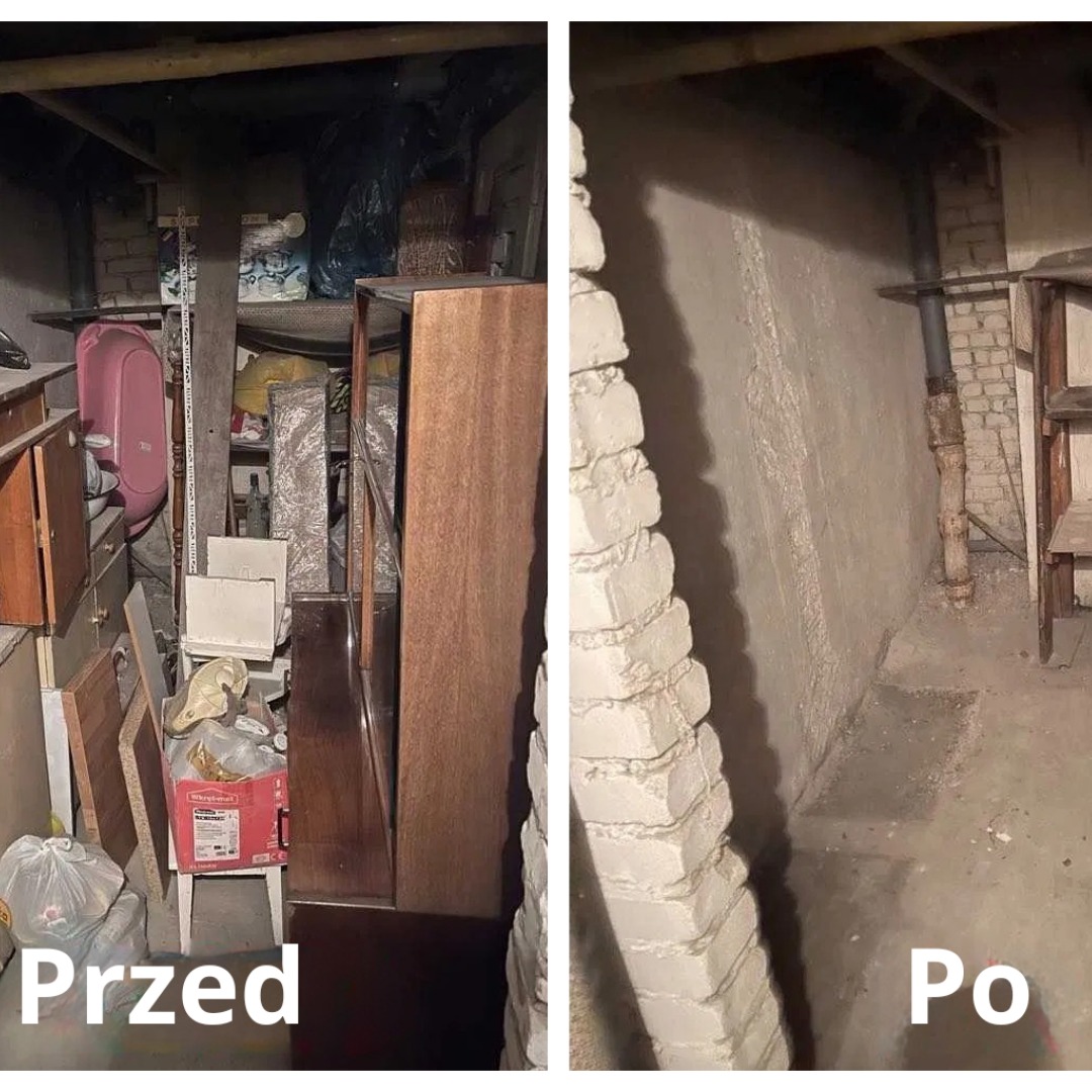 Opróżniona piwnica: zdjęcie 'przed' z zagraconym pomieszczeniem i 'po' z czystą, odnowioną przestrzenią. Widoczne cegły i rury.