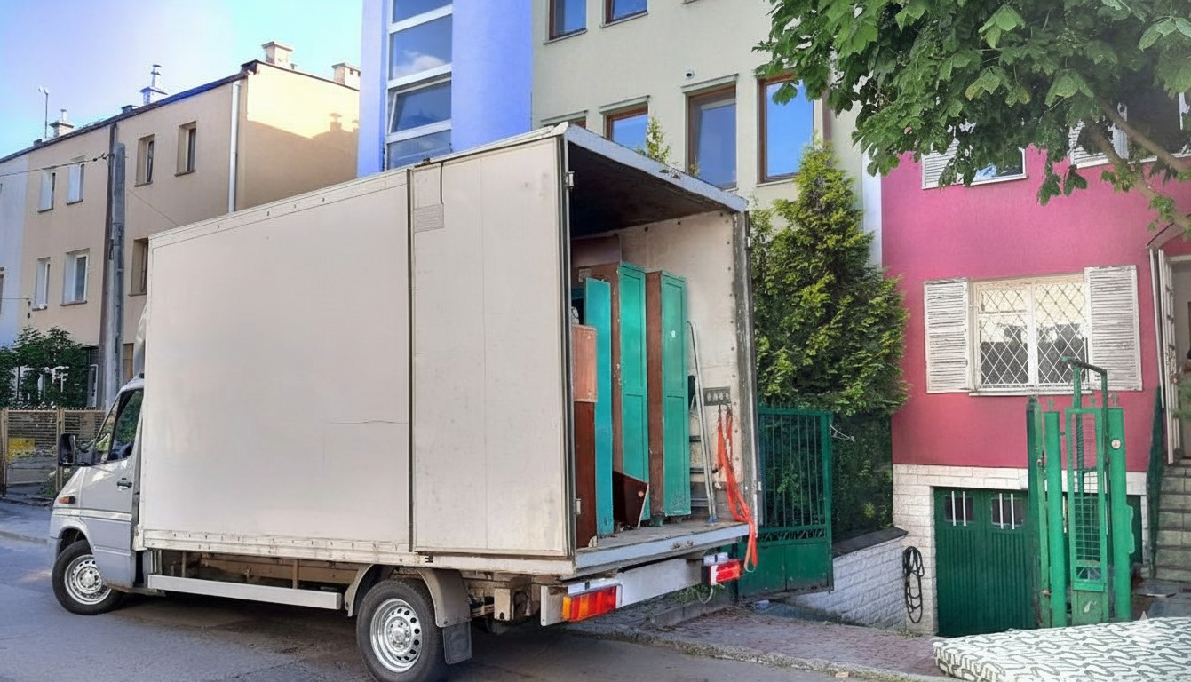 Ciężarówka z otwartą przestrzenią ładunkową wypełnioną meblami, zaparkowana na ulicy przed kolorowymi budynkami. Widoczny materac obok ciężarówki.