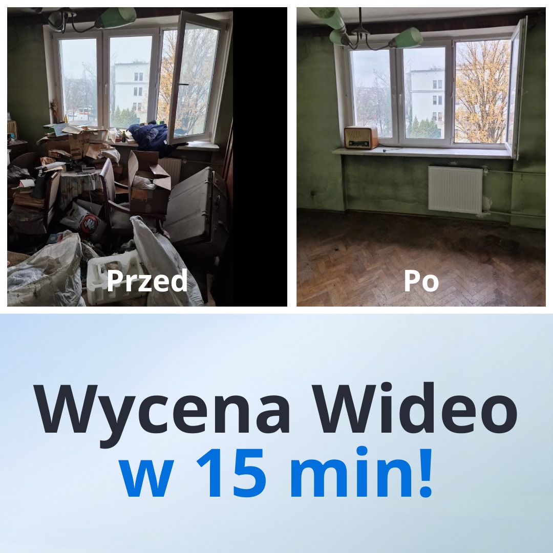 Zdjęcie 'przed i po' opróżniania mieszkania: zagracony pokój z oknem vs. puste pomieszczenie z parkietem, radio na parapecie i grzejnikiem. Wycena wideo w 15 minut.