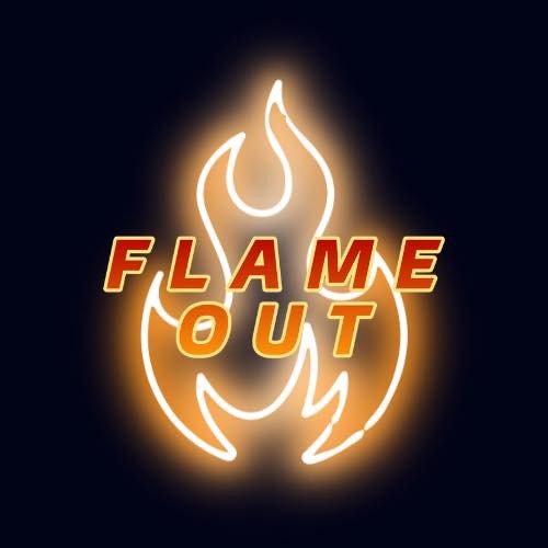 Neonowy napis 'FLAME OUT' w kształcie płomienia na ciemnym tle. Kontury płomienia i litery podświetlone na pomarańczowo, tworząc efektowny, świetlny znak.
