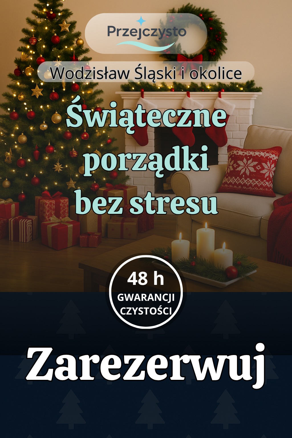 Świąteczne porządki: choinka, kominek z dekoracjami, świece. Oferta firmy z Wodzisławia Śląskiego z gwarancją czystości. Zarezerwuj.