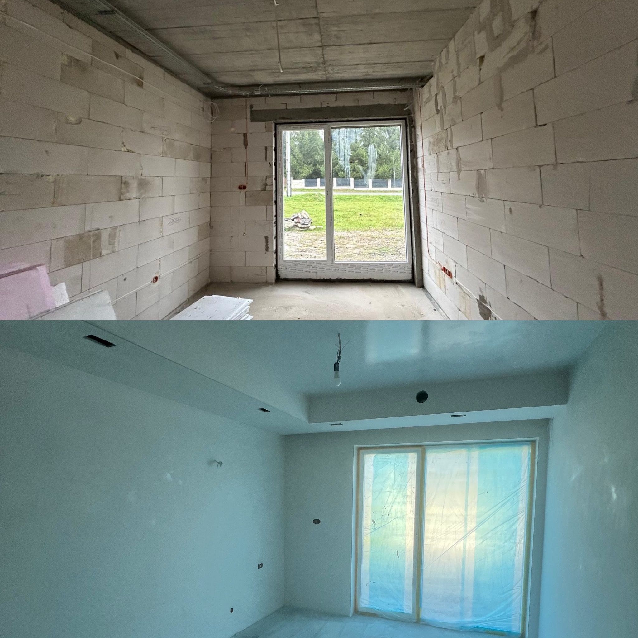 Zdjęcie 'przed i po' przedstawia surowe wnętrze z bloków i wykończony pokój z gładkimi ścianami, okno zabezpieczone folią malarską, sufit z oświetleniem.