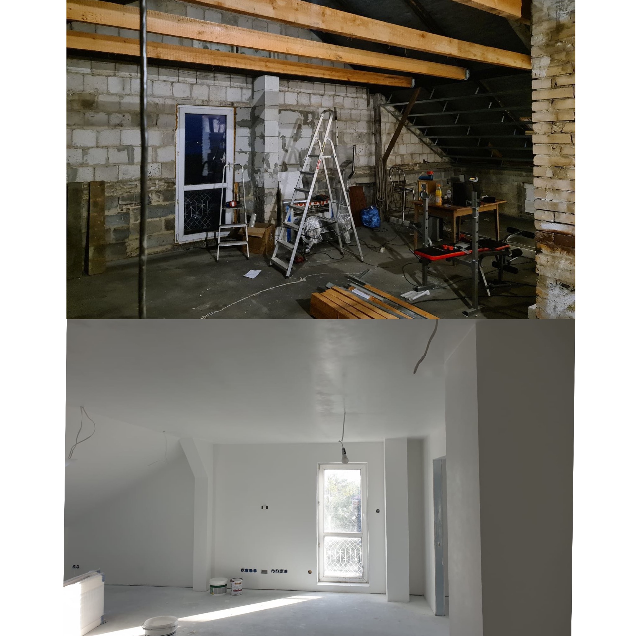 Zdjęcie 'przed i po' prezentujące strych: surowy stan z cegłami i drewnem kontra wykończone, białe wnętrze z oknem. Widoczne etapy prac remontowych.