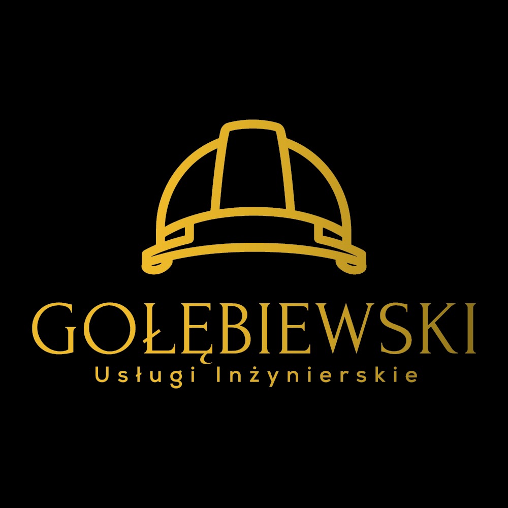 Złote logo firmy Gołębiewski Usługi Inżynierskie na czarnym tle. Grafika przedstawia stylizowany kask budowlany nad nazwą firmy.