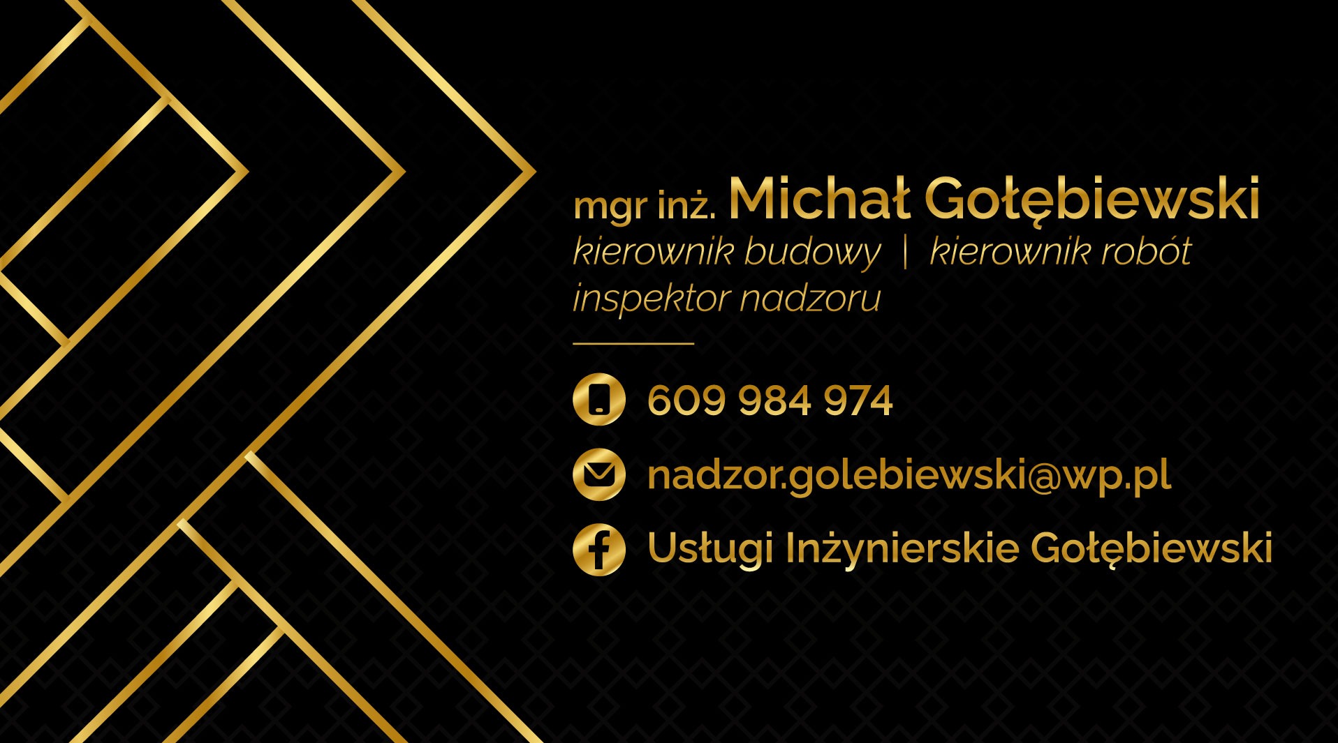 Elegancka wizytówka z złotymi detalami na czarnym tle. Zawiera imię i nazwisko, stanowiska (kierownik budowy, robót, inspektor nadzoru) oraz dane kontaktowe.