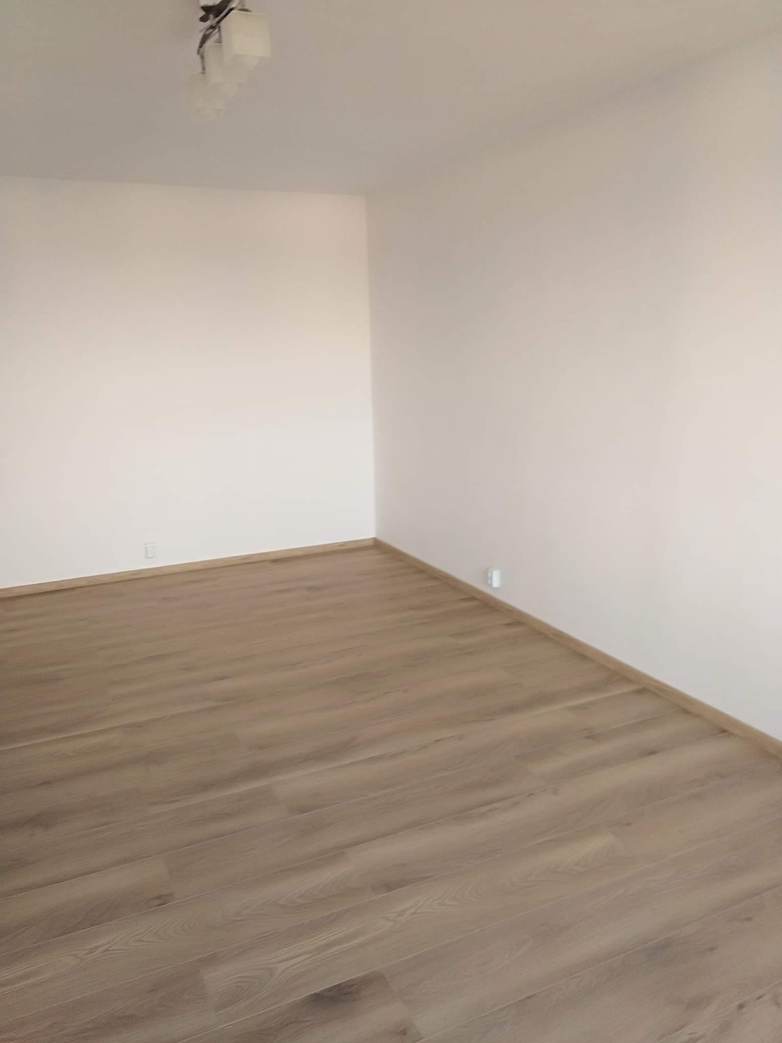 Jasne panele podłogowe ułożone w pustym, odnowionym pokoju z białymi ścianami i widoczną lampą sufitową. Minimalistyczne wykończenie wnętrza.