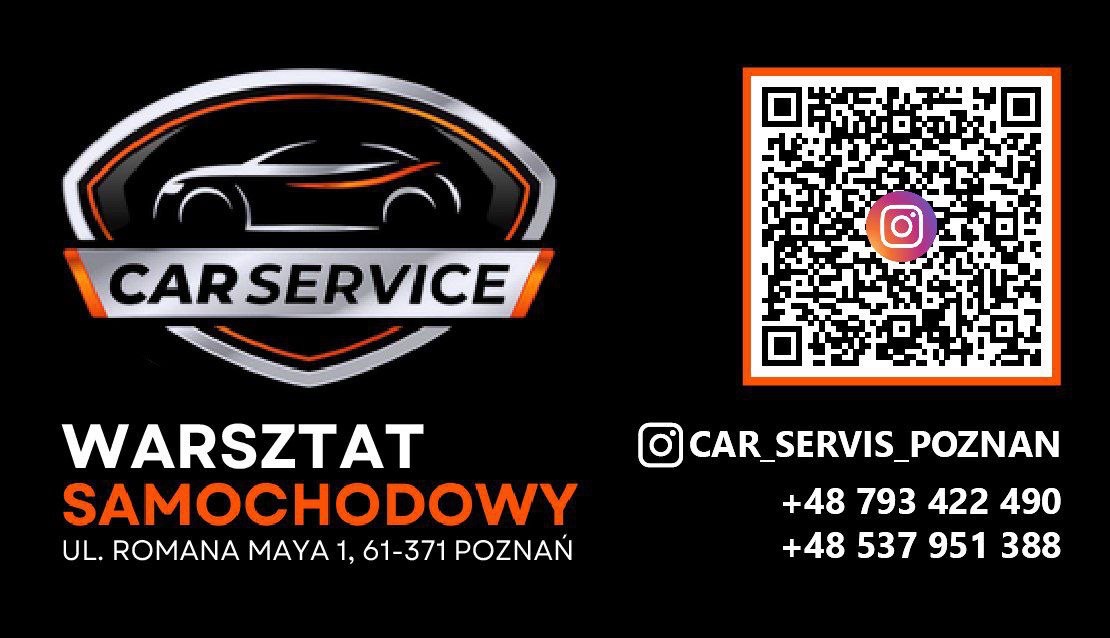 Logo warsztatu samochodowego z sylwetką auta, nazwą 'CAR SERVICE', adresem w Poznaniu, kodem QR i numerami telefonów. Czarno-pomarańczowa kolorystyka.