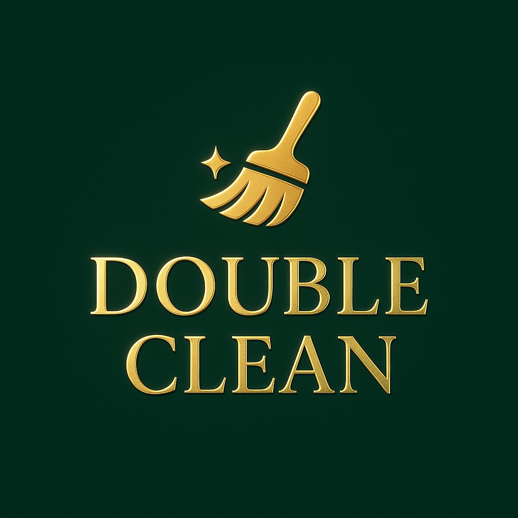 Złoty pędzel z iskrą nad napisem 'DOUBLE CLEAN' na ciemnozielonym tle. Grafika promująca usługi sprzątania z efektem 3D.
