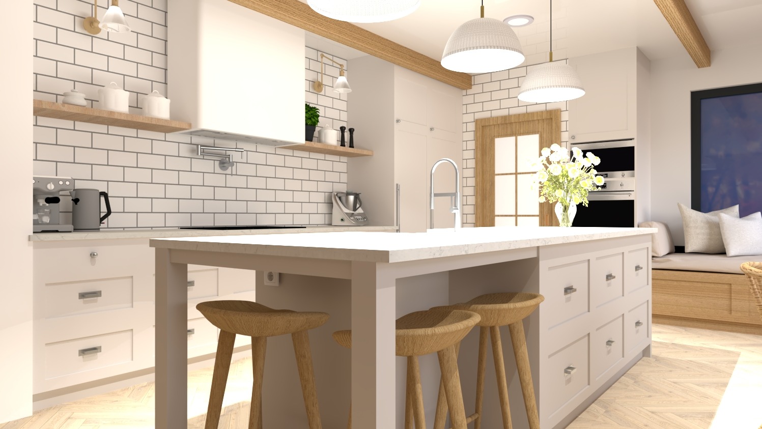 Jasna kuchnia z wyspą i drewnianymi stołkami barowymi. Białe szafki, ceglana ściana i drewniane belki sufitowe tworzą przytulną, nowoczesną przestrzeń.