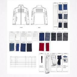 GARMENT X STUDIO - Szkic techniczny kurtki z przodu i z tyłu, otoczony próbkami materiałów, zamków i dodatków. Widoczny opis parametrów i cen materiałów. Garment X Studio.