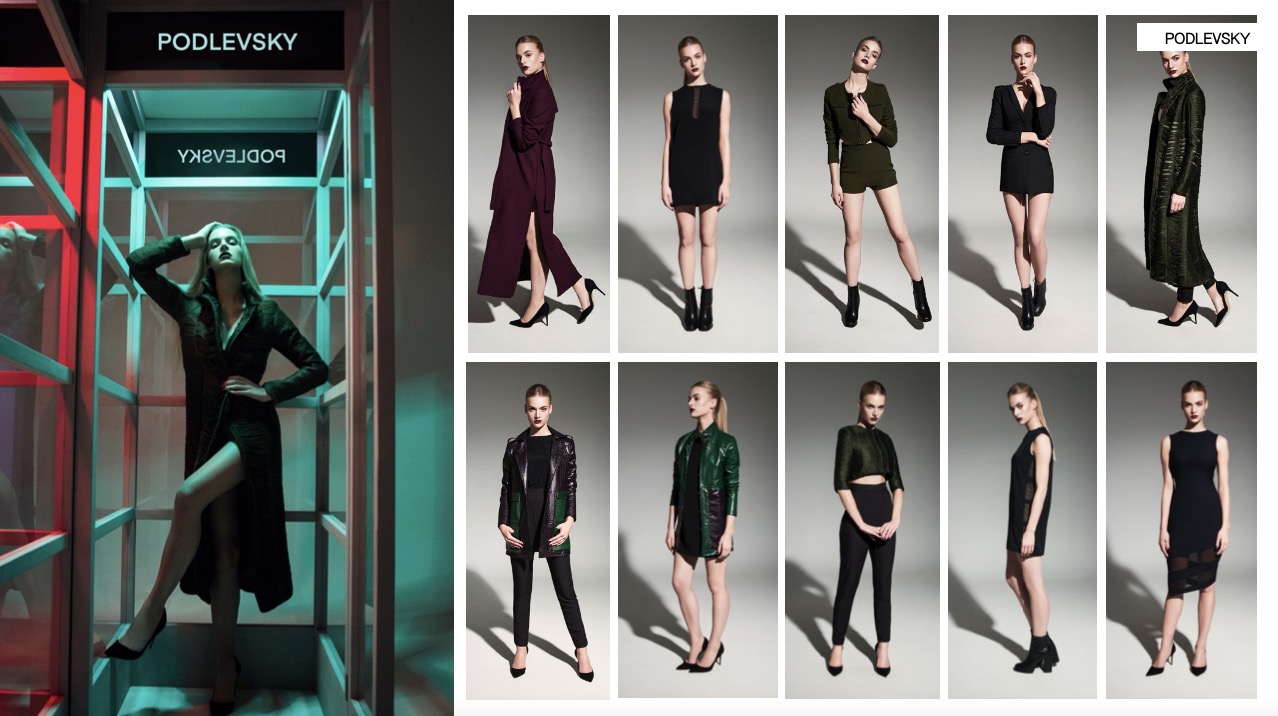 Kolaż zdjęć prezentujący kolekcję odzieży damskiej marki Podlevsky. Modelki pozują w różnych stylizacjach na szarym tle i w przestrzeni z neonowym oświetleniem.