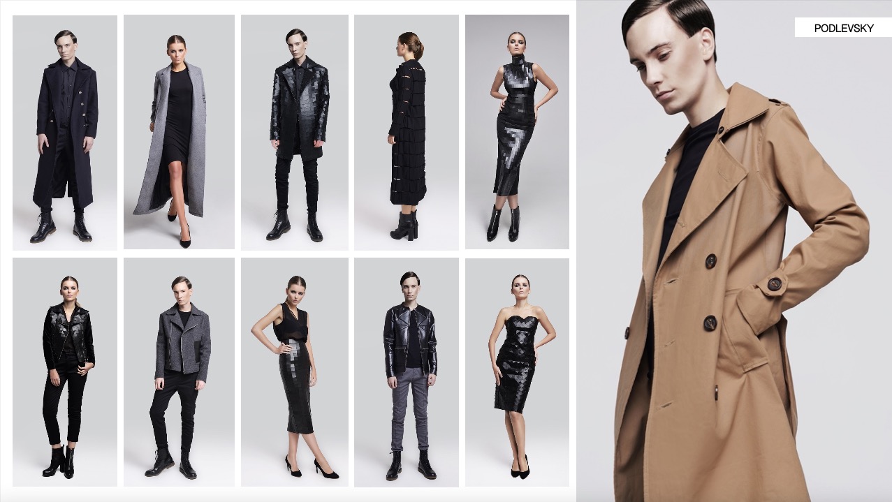 Kolaż prezentujący kolekcję odzieży marki Podlevsky: płaszcze, sukienki, kurtki, spodnie. Modelki i modele pozują na jasnoszarym tle w studyjnych warunkach.