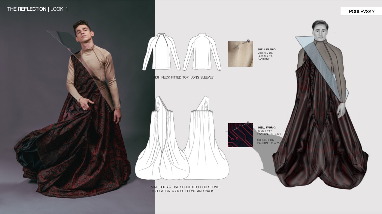 Projekt sukni maxi z długim rękawem i golfem, część kolekcji 'Reflection', z detalami technicznymi i specyfikacją materiałów. Awangardowy design.