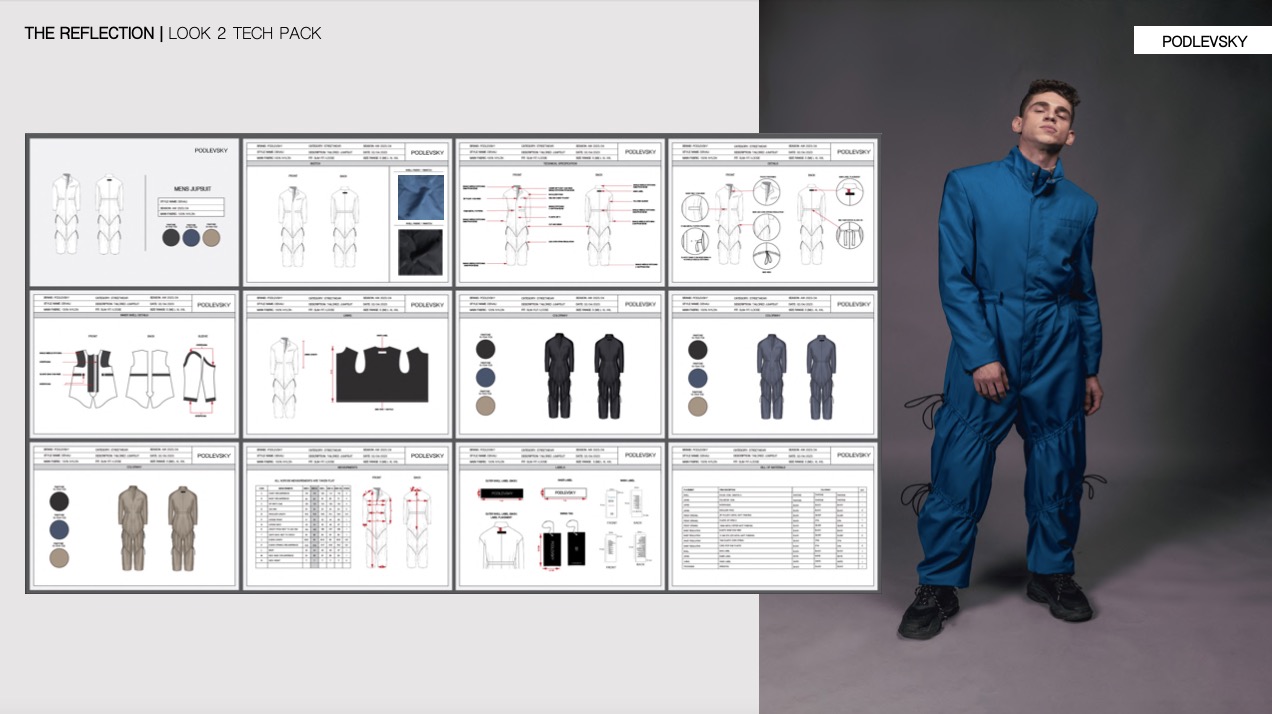Mężczyzna prezentuje niebieski kombinezon na tle plansz z technicznymi rysunkami odzieży marki Podlevsky, ukazując proces projektowania i szycia.