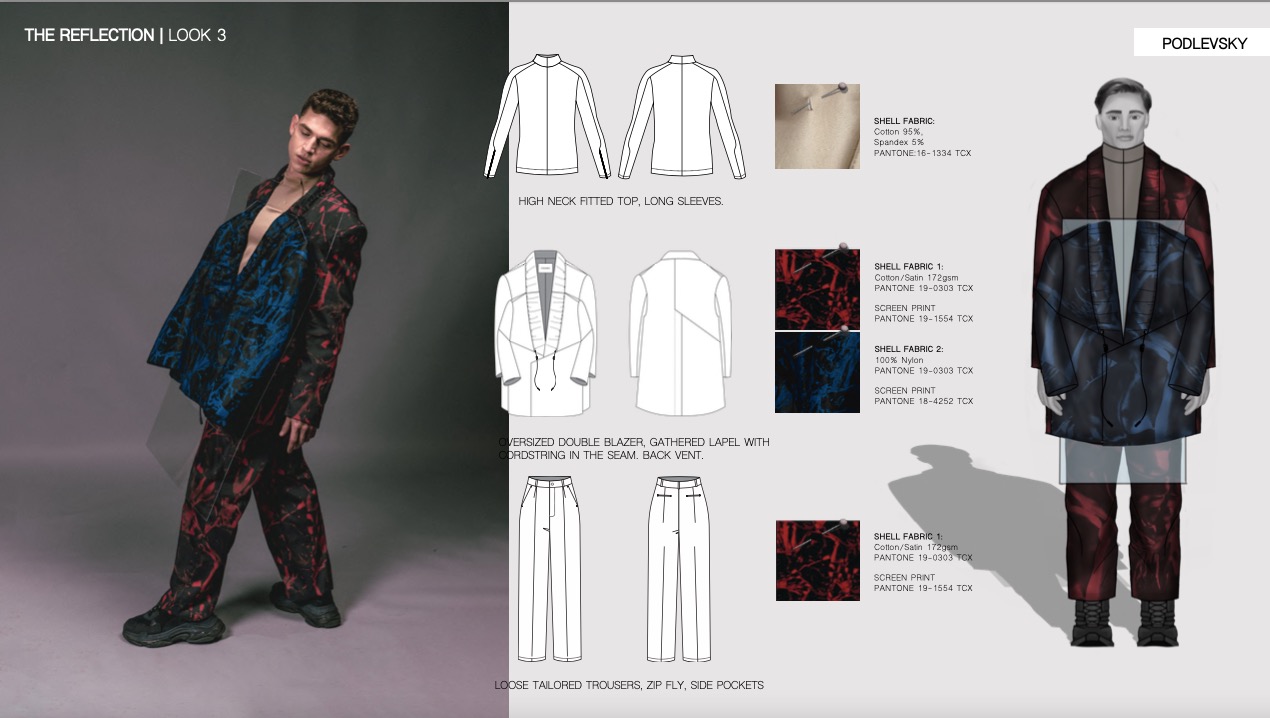 Męski model prezentuje awangardowy komplet: luźny blezer i spodnie w abstrakcyjny wzór czerwieni i błękitu. Obok szkice techniczne i specyfikacja materiałowa kolekcji 'Reflection'.