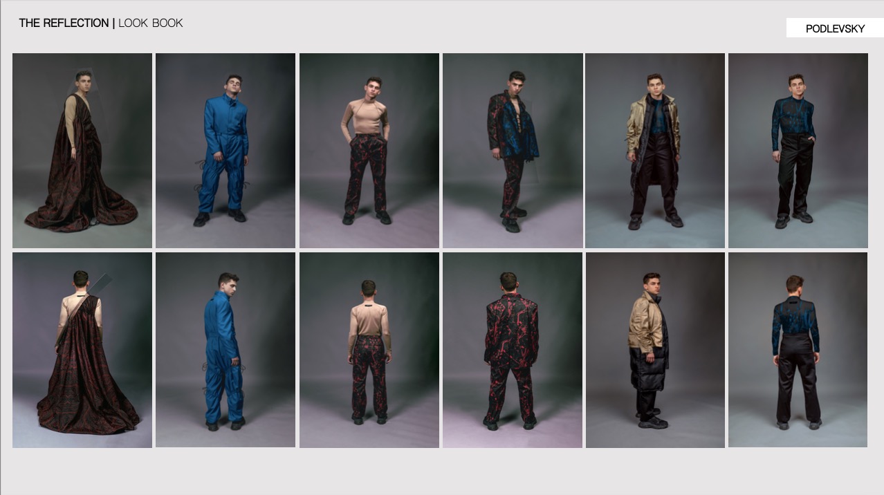 Lookbook kolekcji odzieży męskiej 'Reflection' marki Podlevsky. Model prezentuje różnorodne stylizacje na szarym tle. Widoczne detale: unikalne kroje, wzory i faktury materiałów.