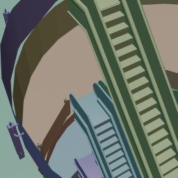 SZTUKA NATALIA WAWER - Abstrakcyjna wizualizacja 3D z geometrycznymi schodami i elementami architektonicznymi w pastelowych odcieniach, ukazana z nietypowej perspektywy.