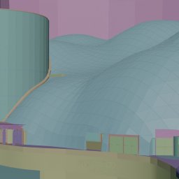 SZTUKA NATALIA WAWER - Wizualizacja 3D budynku z charakterystycznym falistym dachem i cylindryczną wieżą, utrzymana w pastelowej kolorystyce z widoczną siatką modelu.