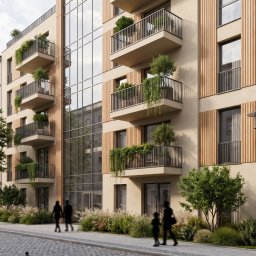 56CREATIVES - Wizualizacja nowoczesnego apartamentowca z beżową elewacją, drewnianymi panelami i szklaną fasadą. Balkony z bujną zielenią, widok z poziomu ulicy z chodnikiem z kostki brukowej, drzewami...