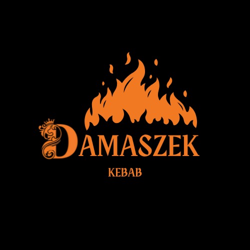 Pomarańczowe logo 'Damaszek Kebab' na czarnym tle, z motywem płomieni i ozdobną literą 'D'. Minimalistyczny design, wyraźny kontrast, nowoczesny styl graficzny.
