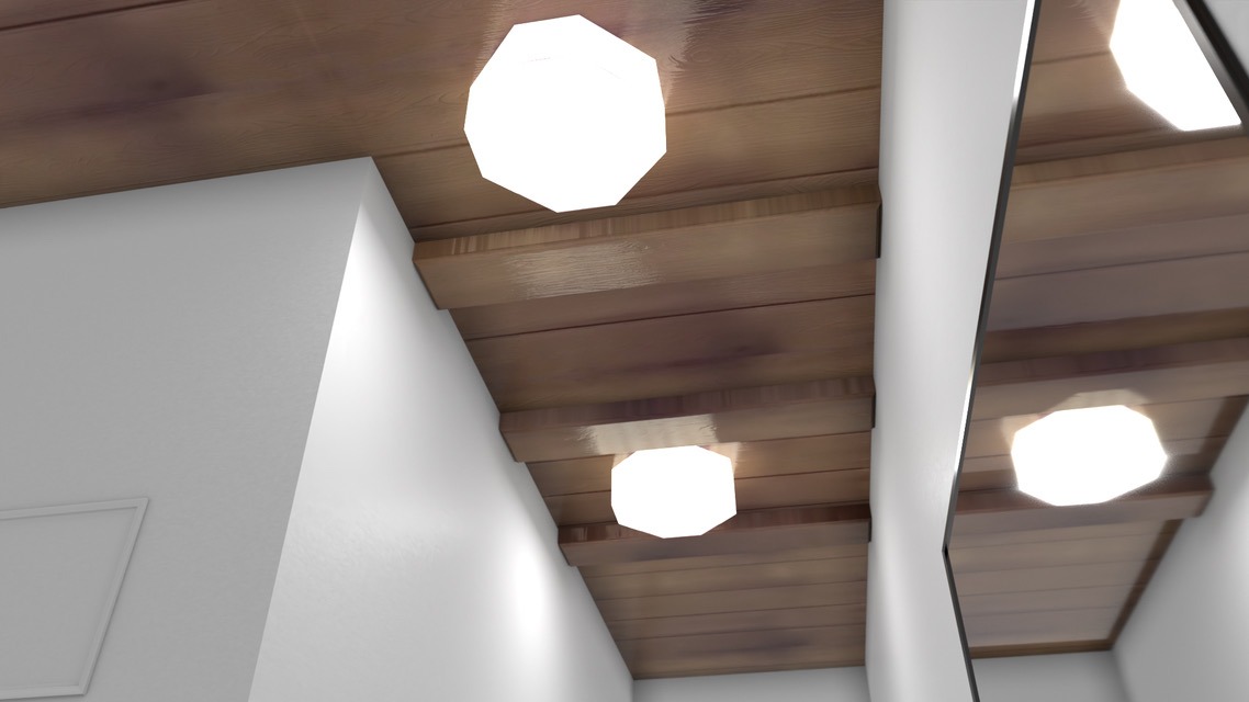 Drewniany sufit z dwoma nowoczesnymi, ośmiokątnymi lampami w białym korytarzu. Minimalistyczny design, ciepłe oświetlenie.